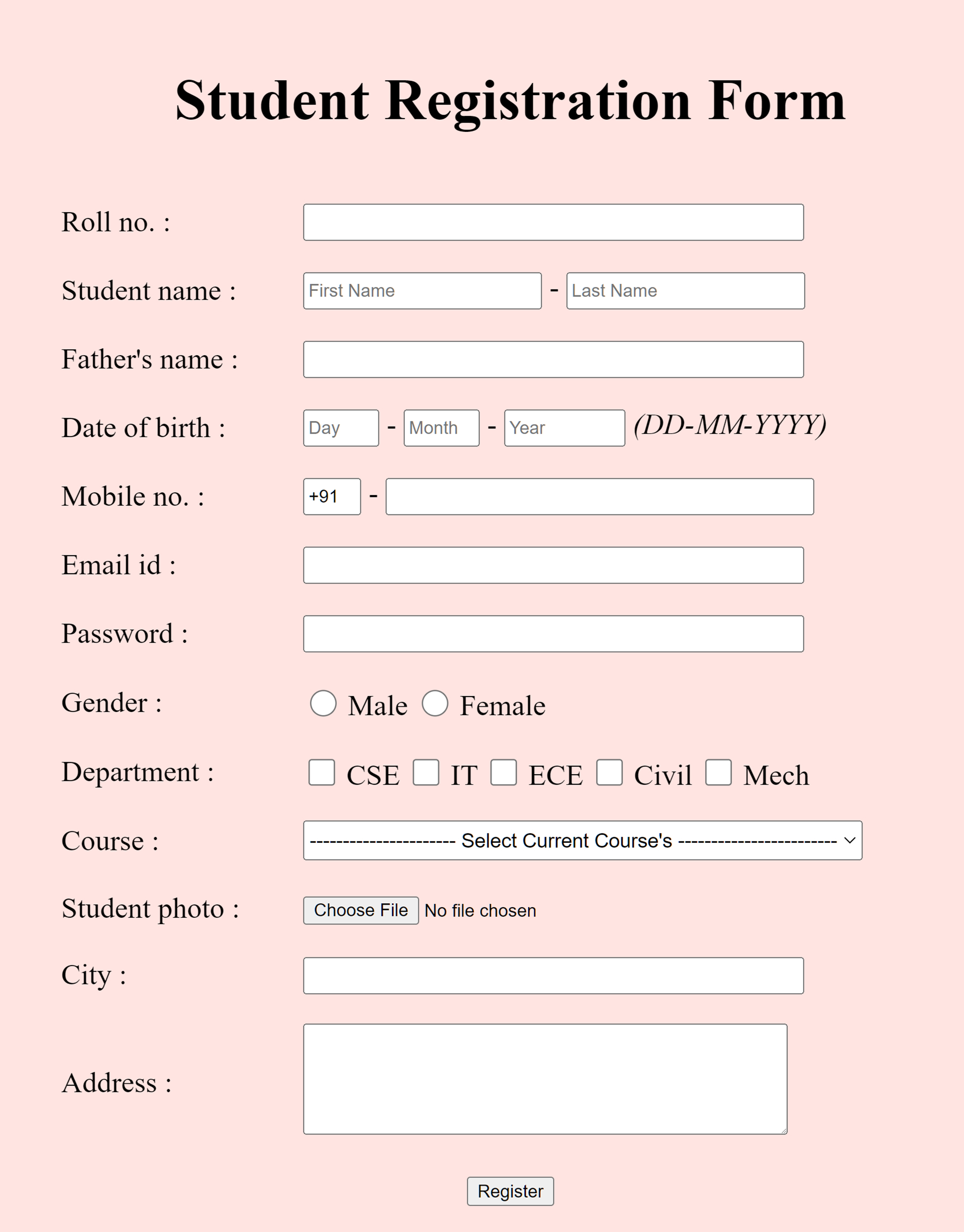 create file on Student Registration Form In HTML Code